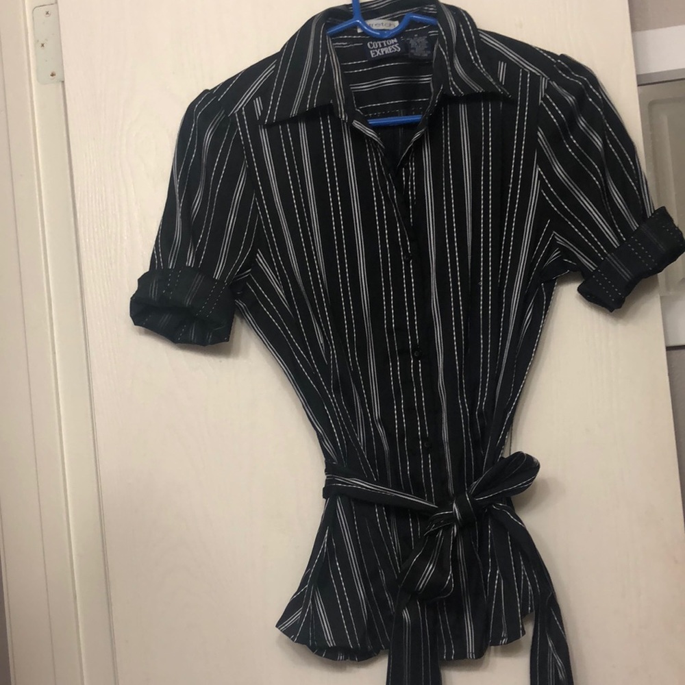 Black button down shirt with silver strips